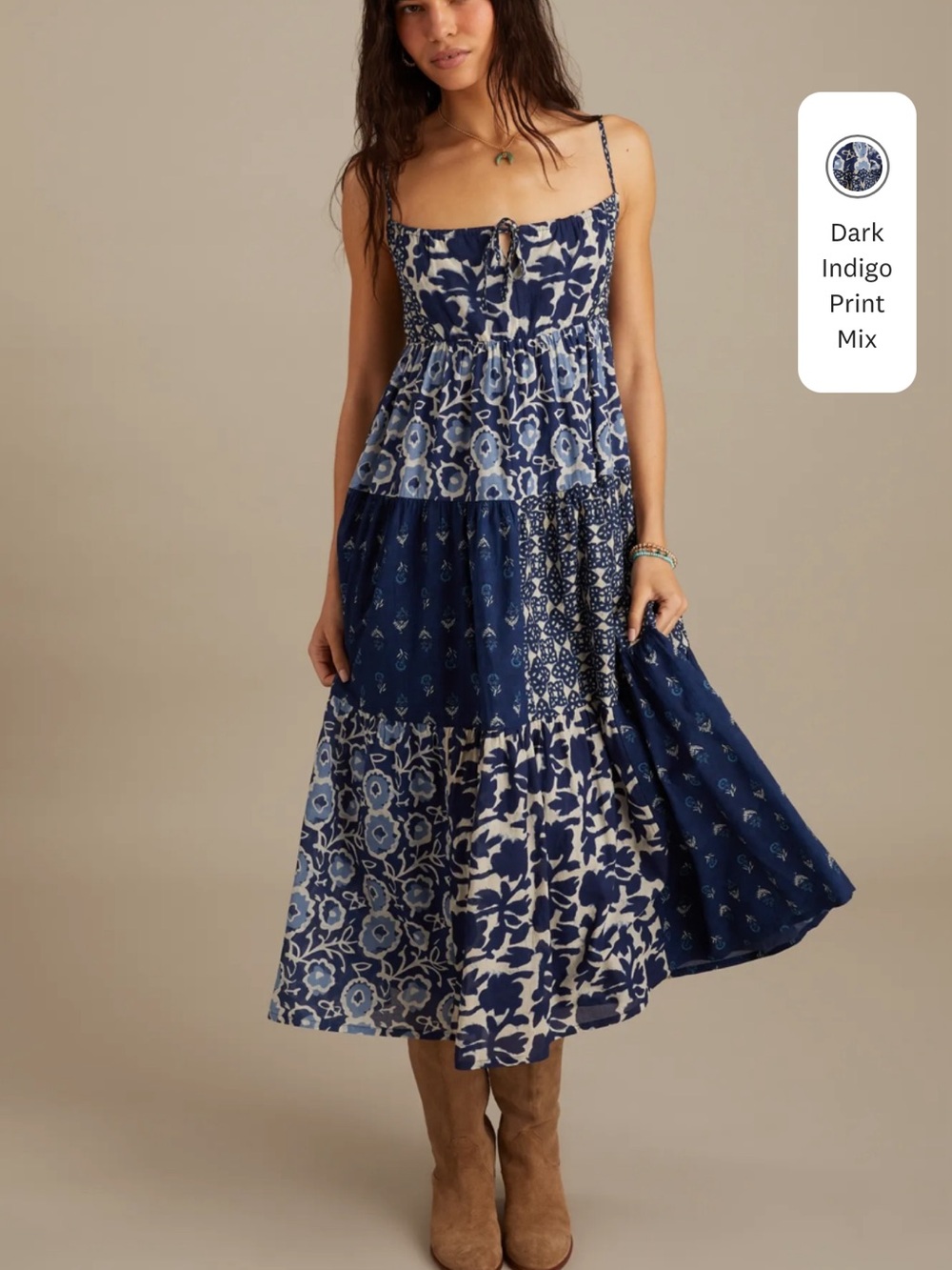 Lucky Brand Blue Patchwork Tiered Maxi Dress